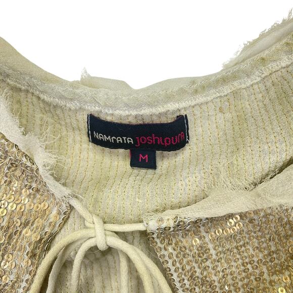 NAMRATA JOSHIPURA Floral Embroidered Silk Blouse Teal Gold Sequins Tassels Sz M - Picture 4 of 11